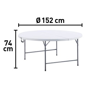 Tavolo pieghevole rotondo bianco con gambe grigie, diametro 152 cm, altezza 74 cm.