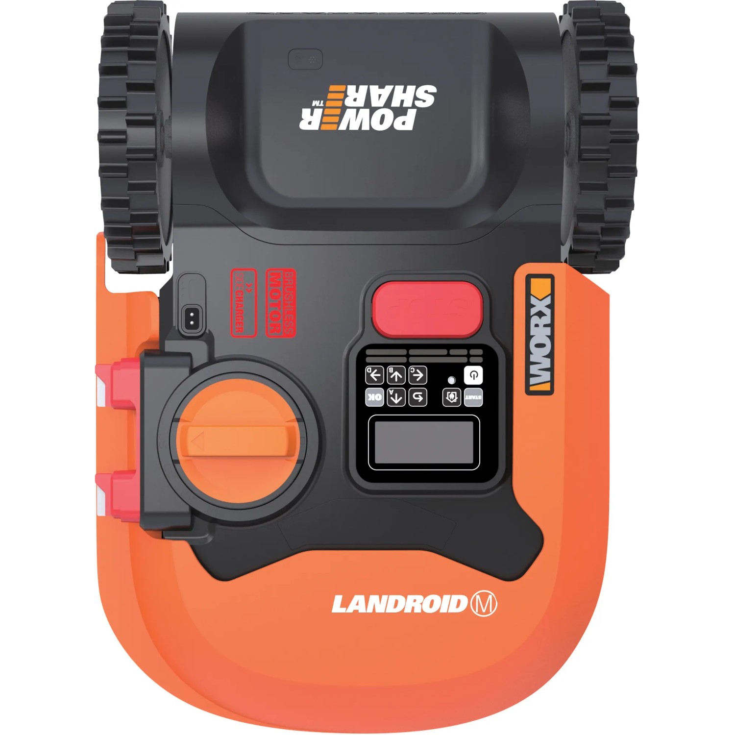 Worx Landroid M700 robot tagliaerba, vista dall'alto. Robot tagliaerba con display e comandi.