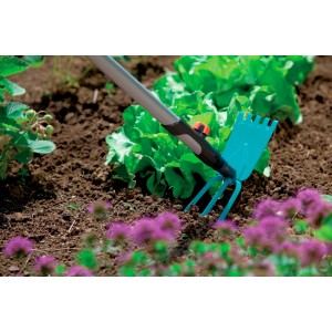 Zappa da giardino Gardena combisystem in uso in un'aiuola con lattuga e fiori.