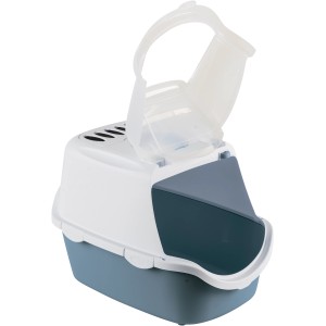 Toilette per gatti blu e bianca con sportello e maniglia.