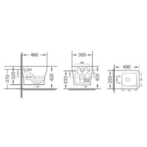 Disegno tecnico del WC sospeso t.b.t. con dimensioni per l'installazione.