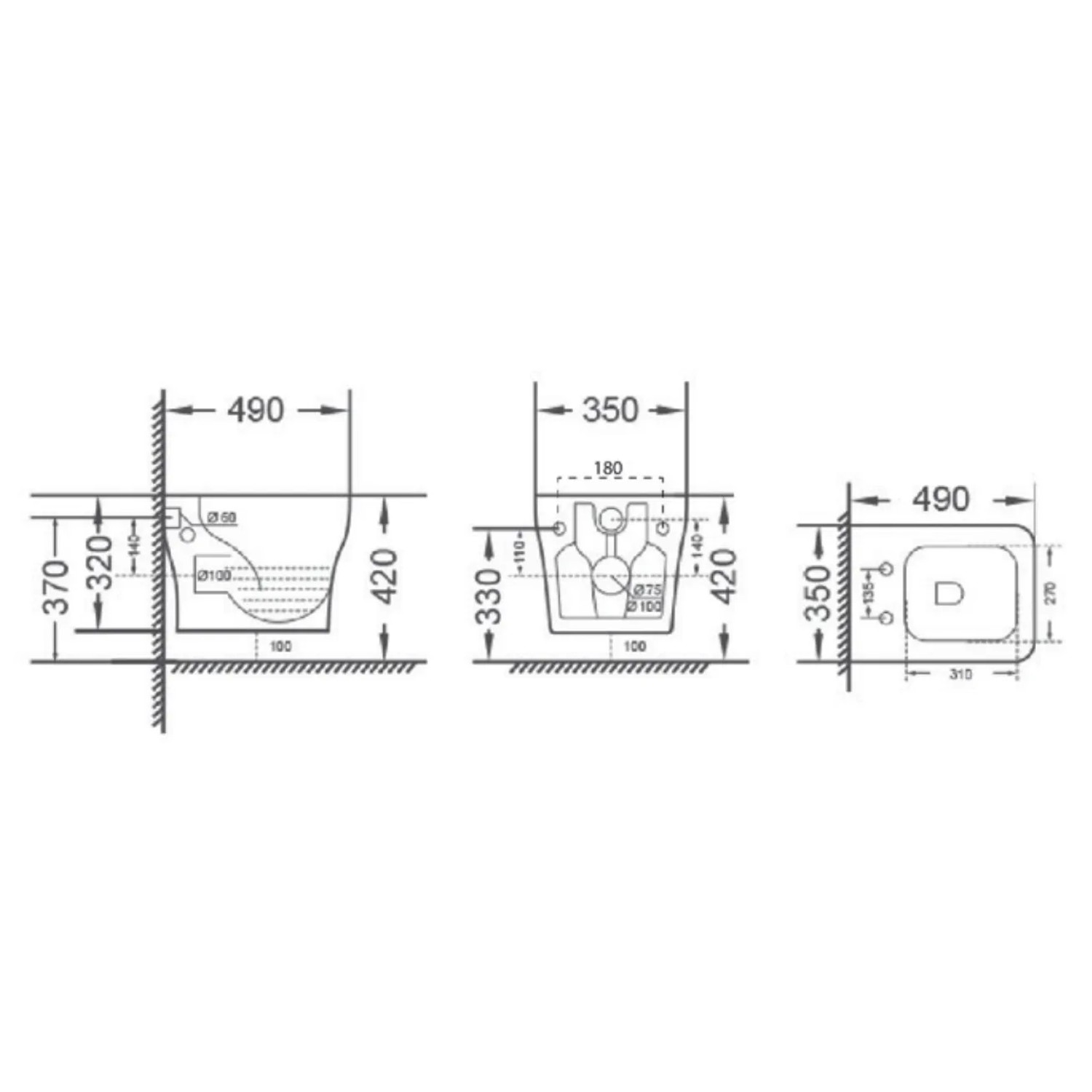 Disegno tecnico del WC sospeso t.b.t. con dimensioni per l'installazione.