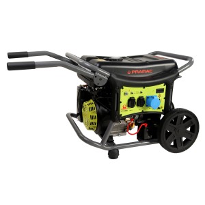 Generatore di corrente portatile t.b.t. con ruote e maniglie per un uso flessibile.