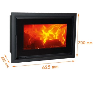Inserto per camino nero con fuoco a legna e dimensioni (625x700x485mm).