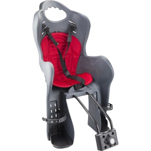 Seggiolino bici grigio con imbottitura rossa e cinture per bambini. Sicuro e confortevole.