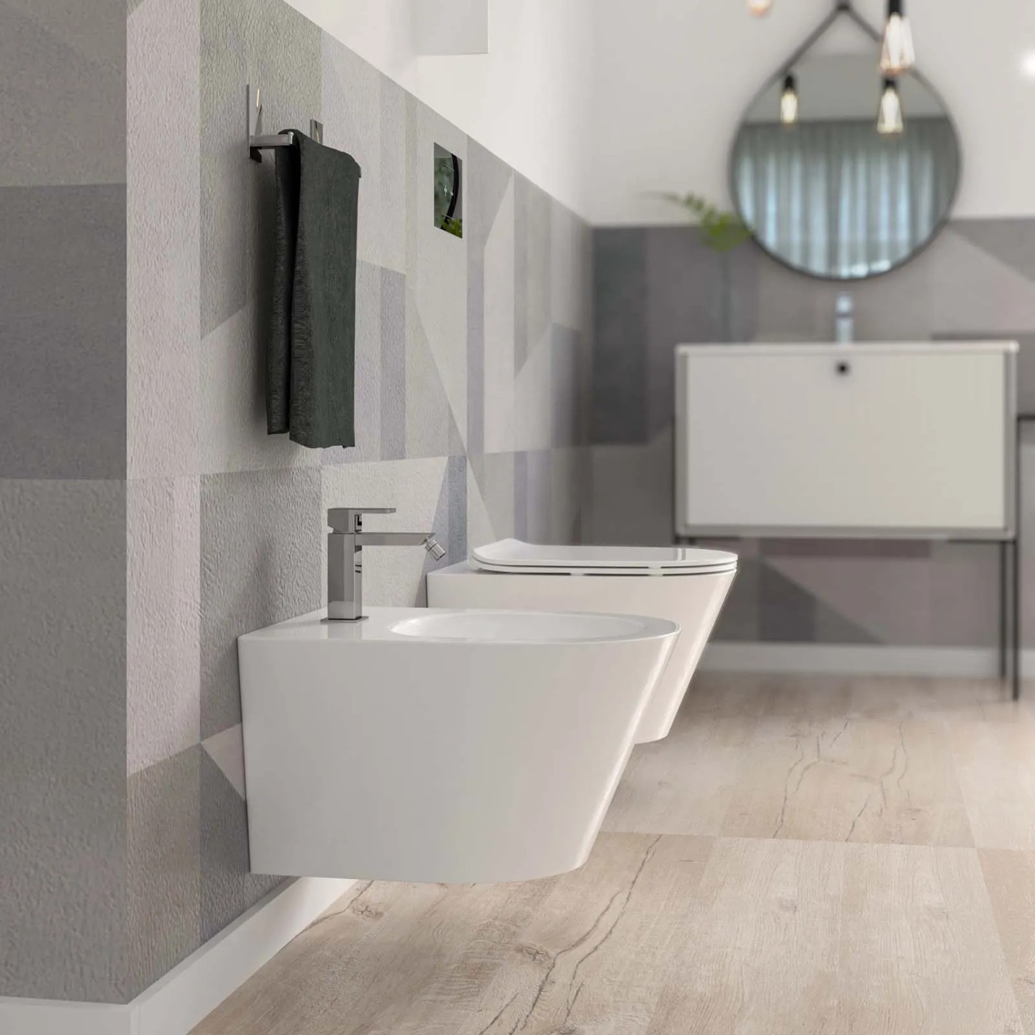 WC e bidet sospesi moderni t.b.t. in ambiente bagno.