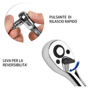 Dettaglio di una chiave a cricchetto t.b.t. con leva di inversione e pulsante di sgancio rapido.