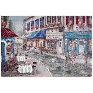 Dipinto di una vivace scena di strada con caffè e negozi, categoria Quadri.