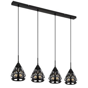 Lampada a sospensione nera a 4 luci in design industriale per sale da pranzo e zone giorno.