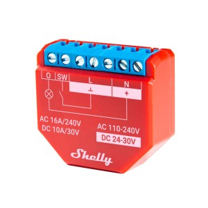 Modulo relè Shelly Plus 1PM rosso per domotica con connettori blu.