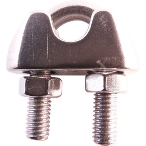 Morsetto/redancia per fune metallica argentata, noto anche come morsetto per cavi o clip per fune metallica.