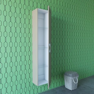 Mobile bagno sospeso stretto beige aperto con ripiani in vetro. Arredo bagno da parete.