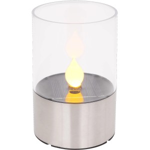 Lampada da tavolo solare a LED Globo con effetto fuoco, acciaio inox e plastica trasparente.