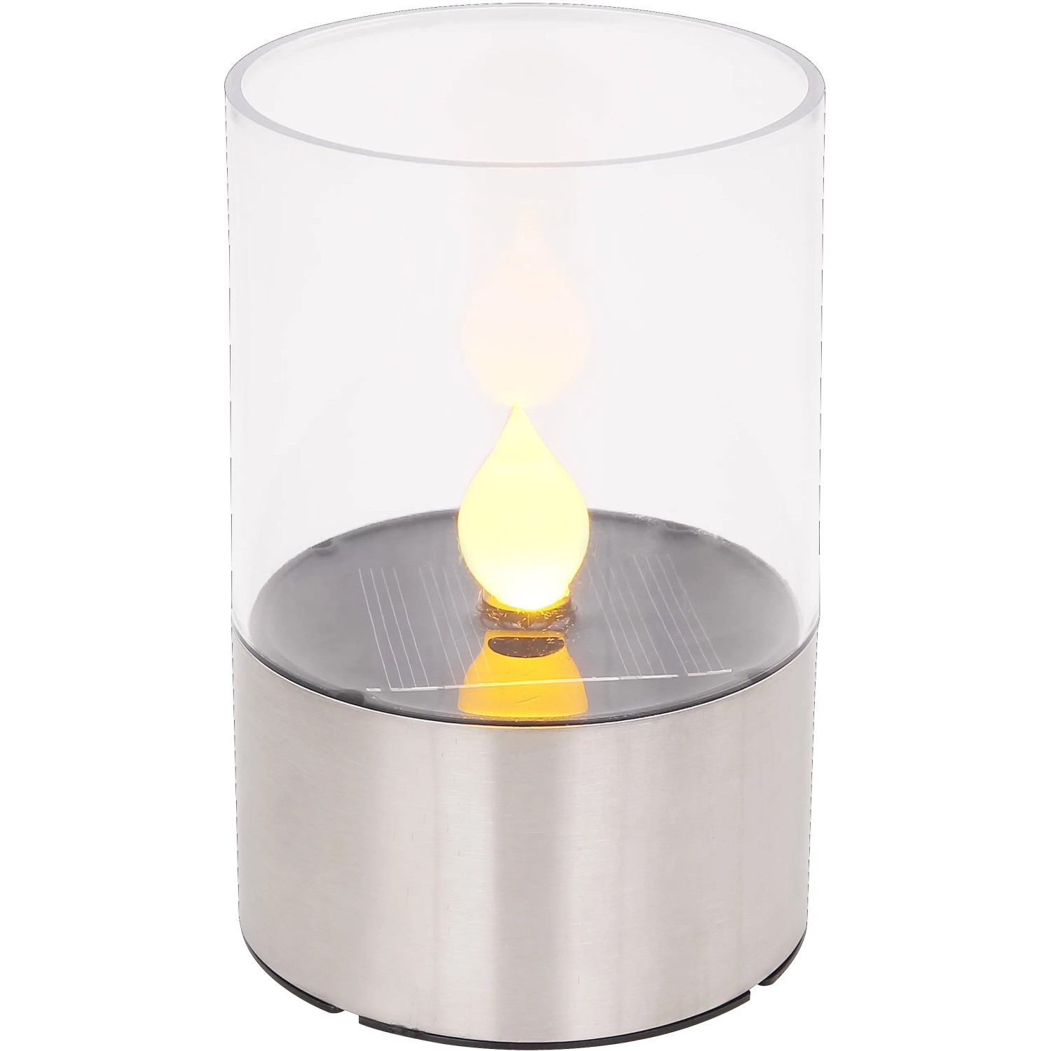 Lampada da tavolo solare a LED Globo con effetto fuoco, acciaio inox e plastica trasparente.