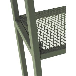 Dettaglio: Scaffale per fiori Punta Gorda in acciaio color oliva con ripiano a griglia.