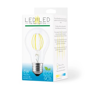 Lampadina LED E27 nella confezione: 8W, 960lm, 4000K luce neutra, senza mercurio, durata 10 anni.