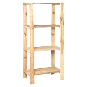 Scaffale in legno per carichi pesanti con quattro ripiani in legno tenero certificato FSC®, ideale per cantina, officina o casa.