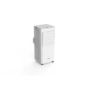 Climatizzatore t.b.t. bianco mobile su ruote, con griglie di ventilazione laterali.