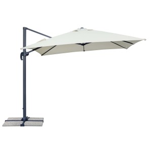 Ombrellone a braccio t.b.t. con telo chiaro e struttura grigia.