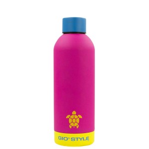 Borraccia rosa t.b.t. per campeggio e outdoor con tappo blu e dettagli gialli.