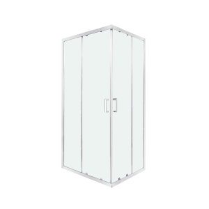 Box doccia angolare con ante in vetro trasparente e telaio argentato.