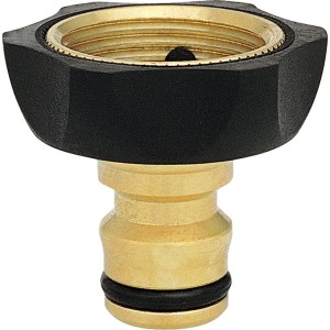 Raccordo per tubo in ottone con dado in plastica nera per sistemi di irrigazione.