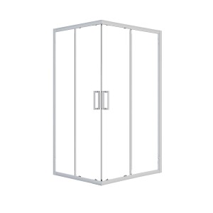 Box doccia t.b.t. con telaio argento e ante in vetro trasparente.