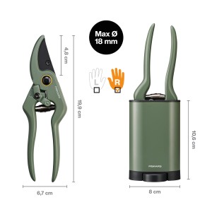 Cesoie da giardino Fiskars verdi con supporto, dimensioni indicate, per destrimani.