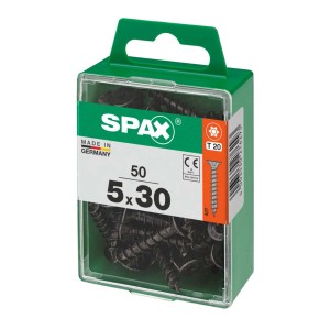 Viti SPAX nere 5x30 mm in contenitore di plastica verde.