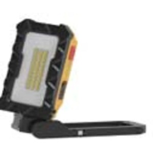 Faro LED da esterno t.b.t. giallo con cornice nera e supporto regolabile.