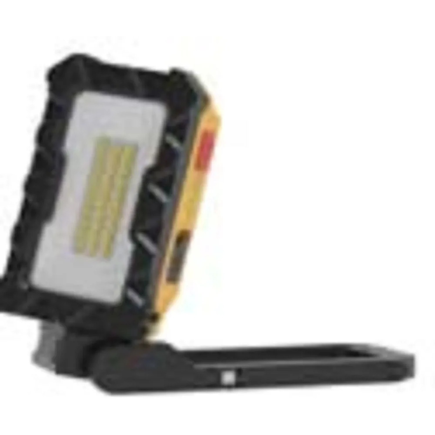 Faro LED da esterno t.b.t. giallo con cornice nera e supporto regolabile.