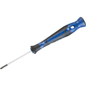 Cacciavite di precisione LUX Comfort PH0, a croce, con manico blu e nero e foro per appenderlo.