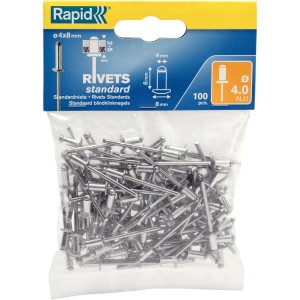 Confezione di 100 rivetti ciechi in alluminio 4x8mm per rivettatrici.