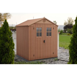 Casetta da giardino in plastica marrone con doppia porta e due finestre.