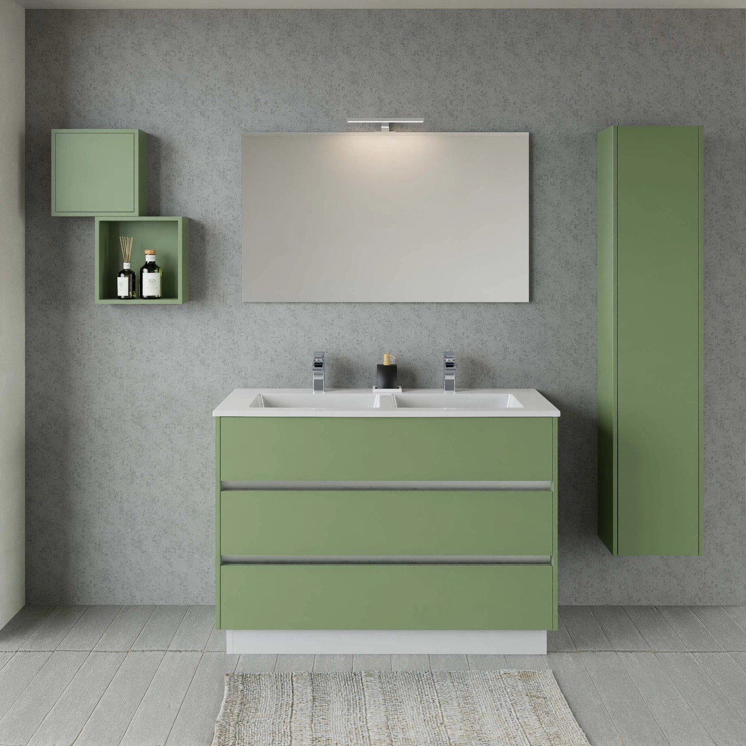 Moderno set di mobili da bagno verde con mobile lavabo, specchio, pensile e mensole.