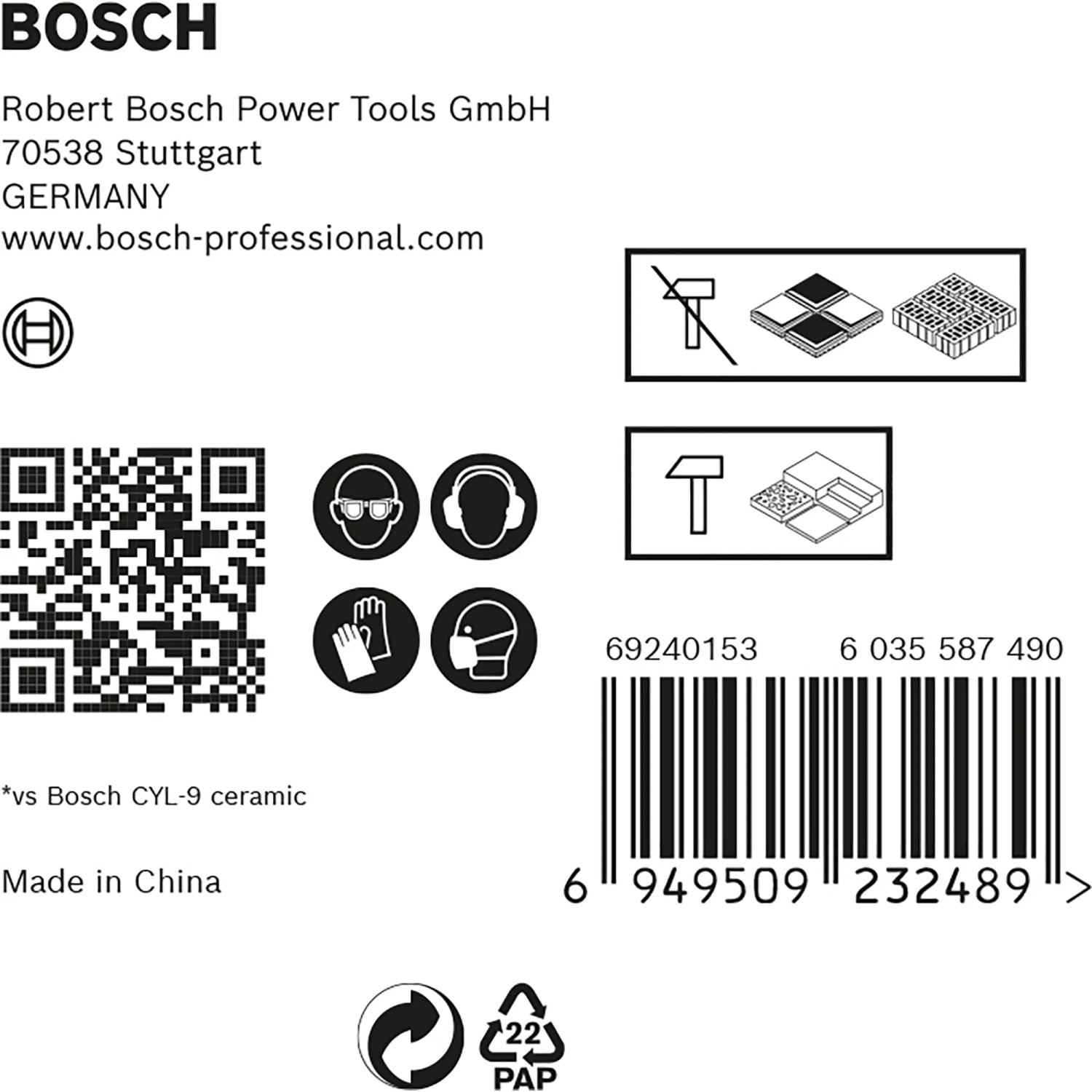 Confezione del set di punte per ceramica dura Bosch Expert Hex-9 con simboli e codice a barre.