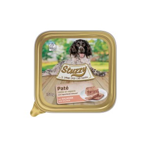 Stuzzy cibo umido per cani paté con salmone, lattina da 150g. Alimento completo per cani.