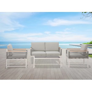 Set di mobili da giardino moderni con divano, poltrone e tavolo per esterni.