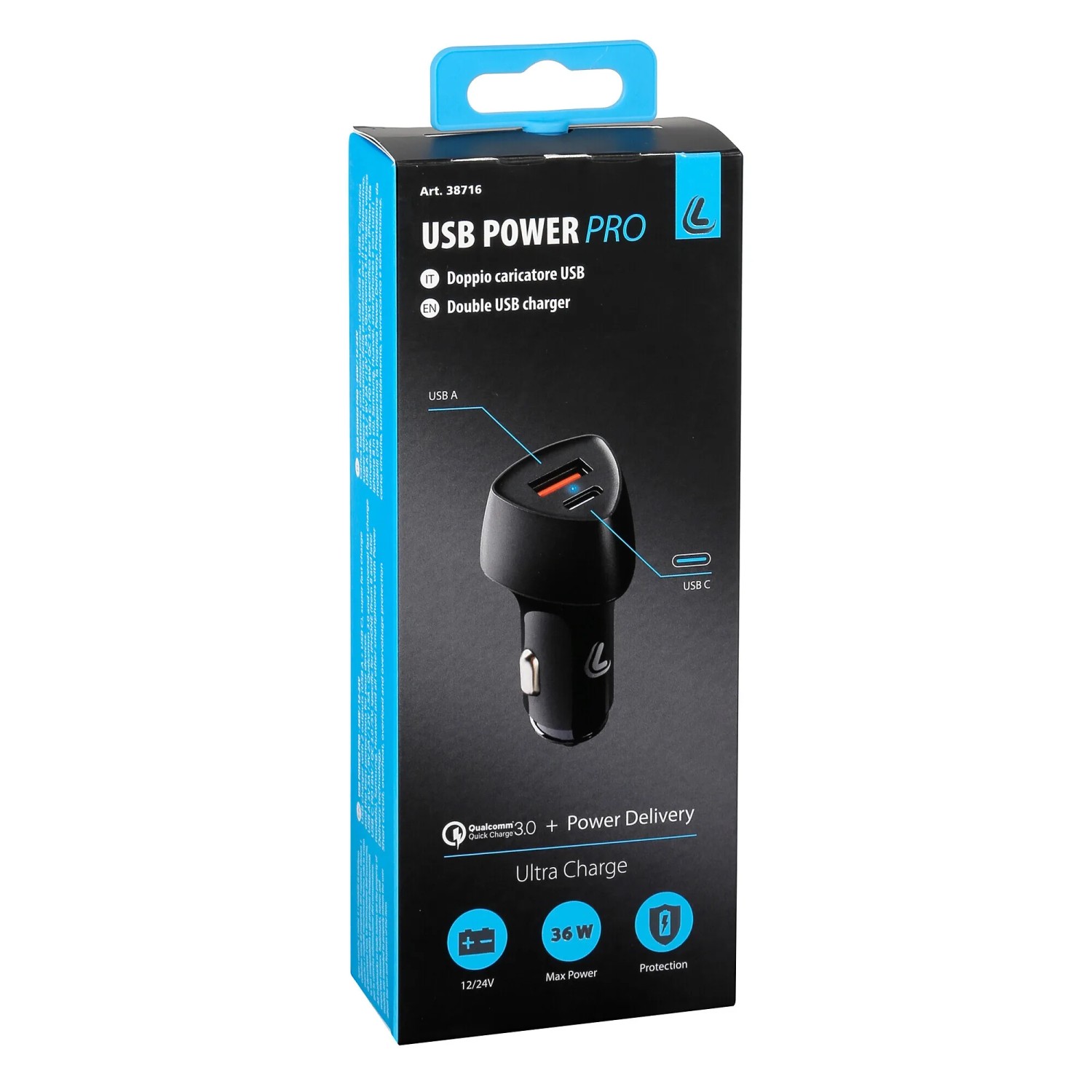 Caricatore USB Power Pro per auto con porta USB-A e USB-C nella confezione originale.