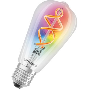 Lampadina Ledvance Smart+ Filament Edison RGBW E27, bulbo trasparente con filamento colorato.