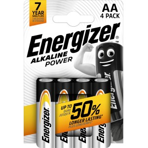 Energizer Alkaline Power AA, confezione da 4 batterie. Batterie alcaline AA per dispositivi di uso quotidiano.