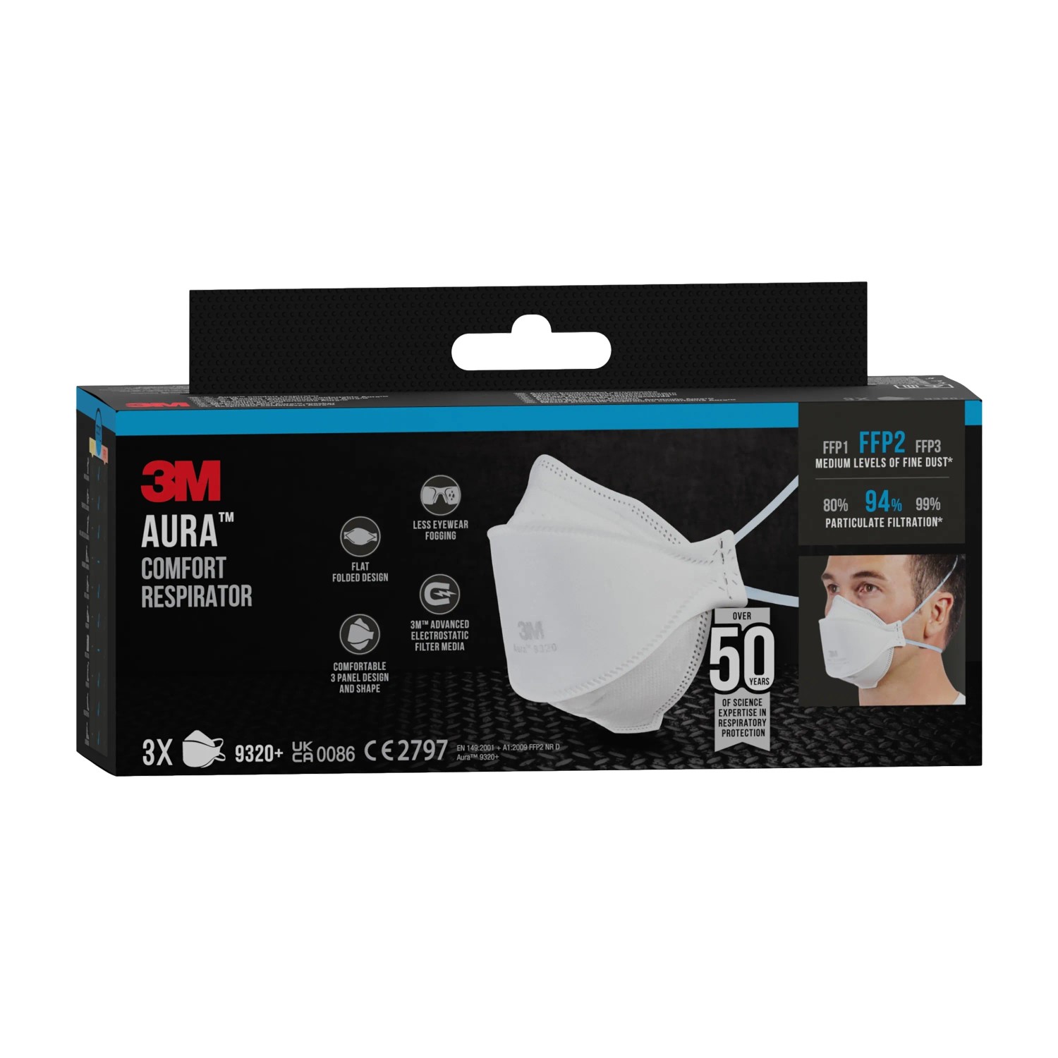 Confezione da 3 di maschere per particolato 3M Aura Comfort FFP2 9320+ per la protezione respiratoria dalla polvere.