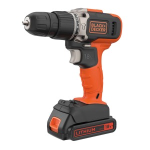 Trapano avvitatore a percussione a batteria Black+Decker BCD003 18V con batteria e mandrino.