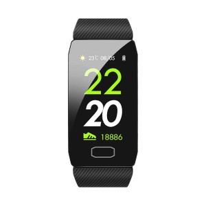 Fitness tracker t.b.t. nero con display che mostra ora e numero di passi.