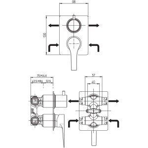 Disegno tecnico: Miscelatore doccia t.b.t. con dimensioni per l'installazione.