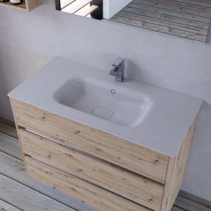 Mobile lavabo t.b.t. con lavabo in legno e bianco.