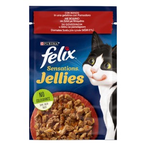 Felix Sensations Jellies cibo umido per gatti con manzo in gelatina, alimento completo.