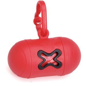 Distributore di sacchetti igienici per cani rosso con moschettone per guinzaglio.