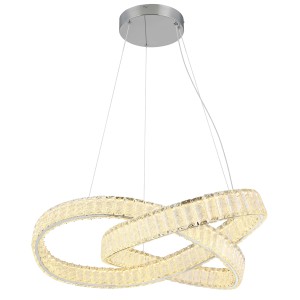 Moderna lampada a sospensione a LED t.b.t. con due anelli intrecciati ed elementi in cristallo.