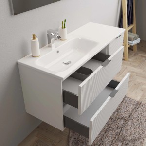 Mobile lavabo Lavandini bianco con due cassetti e lavabo da appoggio.
